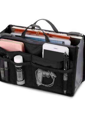 Organizer- Bag/ Makeup /Purse Insert/ Divider /Cosmetic Tote/ - Black & Gray NWT